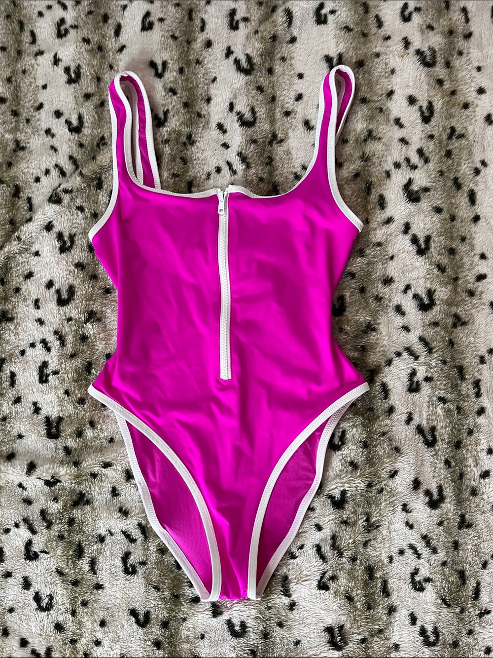 SKIMS Hot Pink One-Piece Swimsuit with White Trim and Front Zip